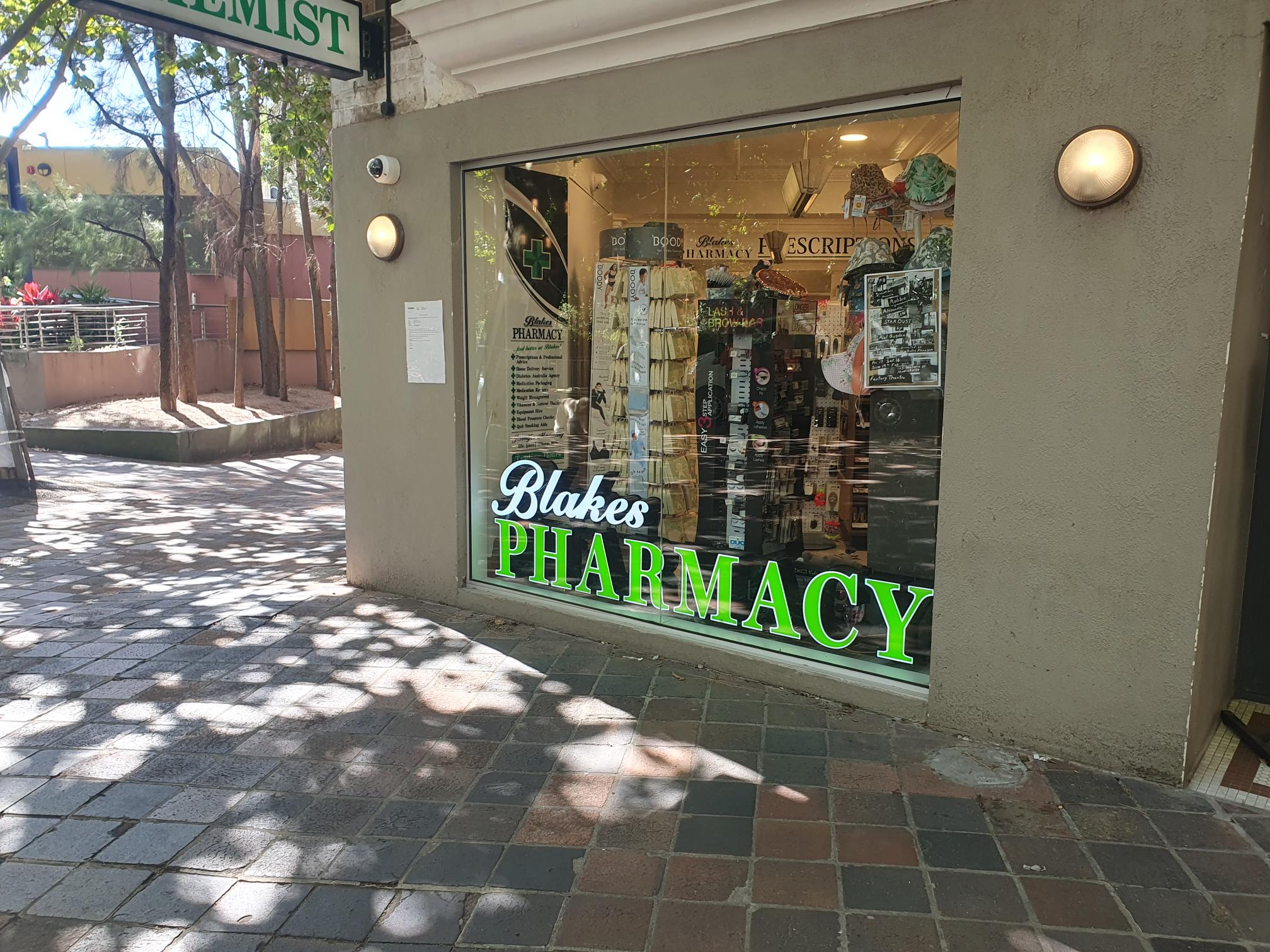 Blake's Pharmacy window signage